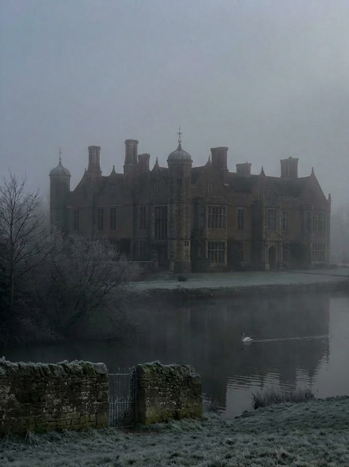 Castle surrounded by a moat on a foggy day
